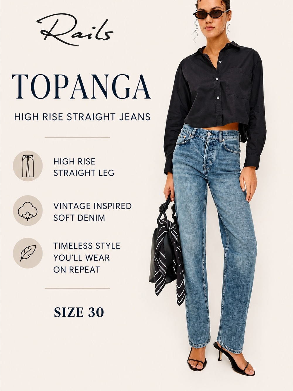 Rails Topanga High Rise Straight Leg Medium Wash Denim‎ Jeans Size 30